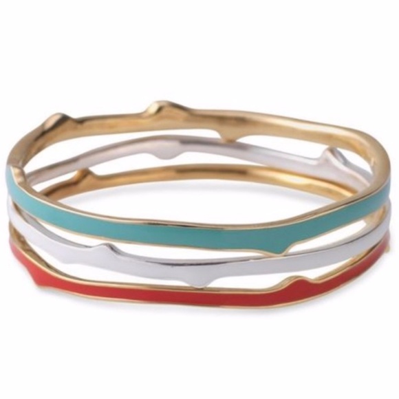 Stella & Dot ~ carrie bangles ~ enamel set of three orange, teal, ivory vintage - Picture 1 of 7